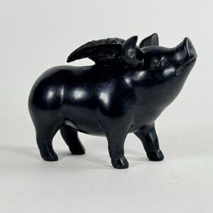 Flying Black Pig Resin Statue Vintage Style Country Farm Decor